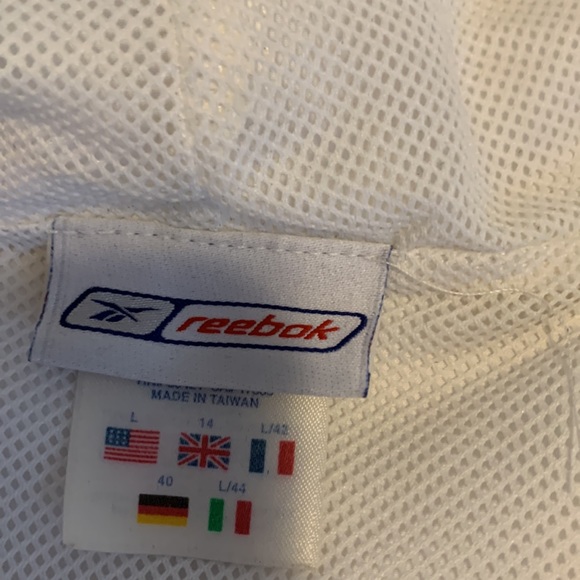 Jacket, hooded, White with mesh lining and Navy trimmed bottom and sleeves,  L. - Picture 9 of 11